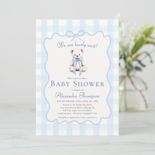 Bearly Wait Teddy Bow Blue Gingham Baby Shower 招待状 (スタンド正面)