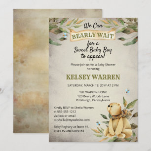 Bearly Wait Woodland Teddy Bear Boy Baby Shower 招待状