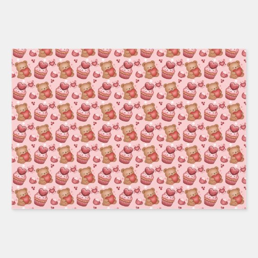Bears and Cupcakes Valentines Wrapping Paper ラッピングペーパーシート (正面)