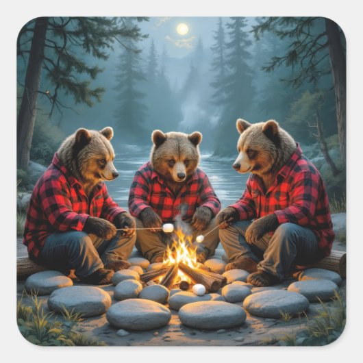 Bears Roasting Marshmallows Over a Campfire スクエアシール (正面)
