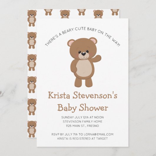 Bearyかわいいベビーオンザウェイウッドランドベビーシャワー 招待状 (正面/裏面)