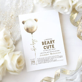 Bearyかわいい金ゴールドバルーンテディベア赤ちゃんシャワー 招待状