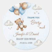 Bearyかわいい青い赤ちゃんシャワー風船テディベア ラウンドシール (正面)
