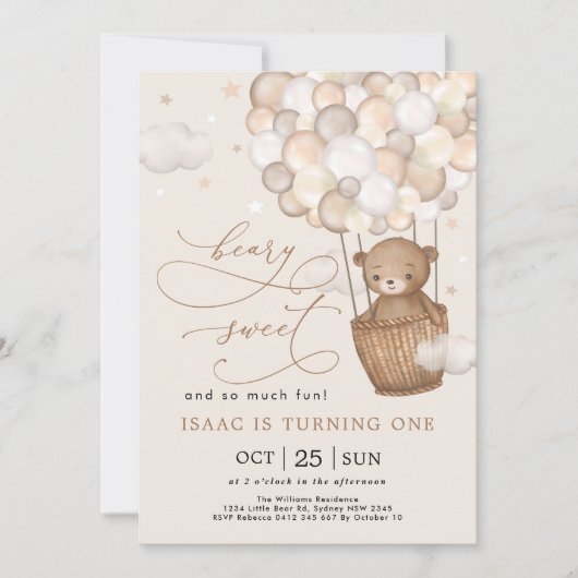 Beary甘いと非常に多くのおもしろいベアバルーン誕生日 招待状 (正面)