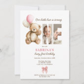 Beary 1st誕生日テディベア写真ピンクバルーン 招待状 (正面)