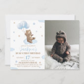 Beary 1st誕生日招待状テディベアバルーン サンキューカード (正面)