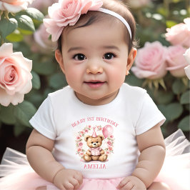 Beary 1st Birthday Bear Girl PinkベビーTシャツ ベビーTシャツ