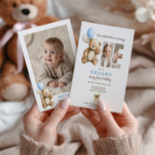 Beary 1st Birthday Teddy Bearフォトブルーバルーン 招待状