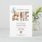 Beary 1st Birthday Teddy Bearフォトブルーバルーン 招待状 (スタンド正面)