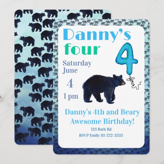 Beary Awesome 4th Birthday Invitation 招待状 (正面/裏面)