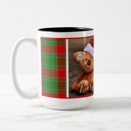 Beary Christmas (緑と赤の格子模様) ツートーンマグカップ (左)