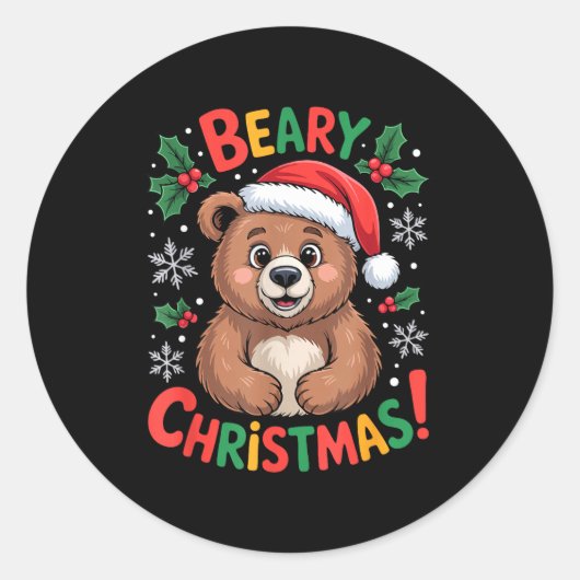 Beary Christmas Cute Bear Santa Funny Holiday  ラウンドシール (正面)