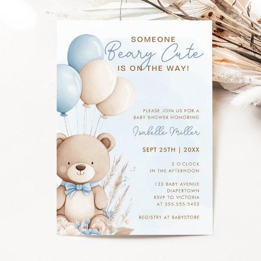 Beary Cute Blue Balloon Teddy Bear Boy Baby Shower 招待状