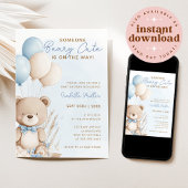 Beary Cute Blue Balloon Teddy Bear Boy Baby Shower 招待状