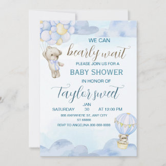 Beary Cute Blue Teddy Bear Baby Shower Invitation 招待状