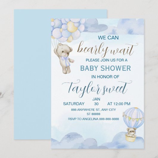 Beary Cute Blue Teddy Bear Baby Shower Invitation 招待状 (正面/裏面)