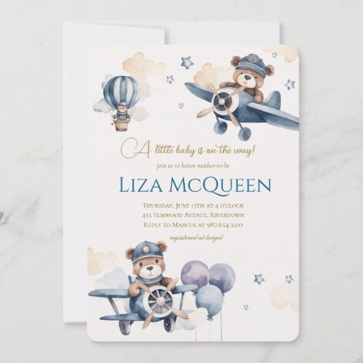 Beary Cute Pilot baby shower invitation 招待状 (正面)