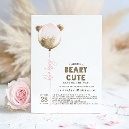 Beary Cute Pink Balloon Teddy Bear Baby Shower Inv 招待状
