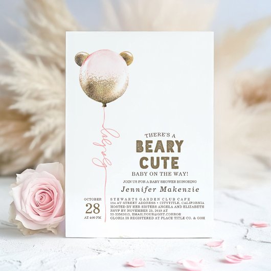 Beary Cute Pink Balloon Teddy Bear Baby Shower Inv 招待状