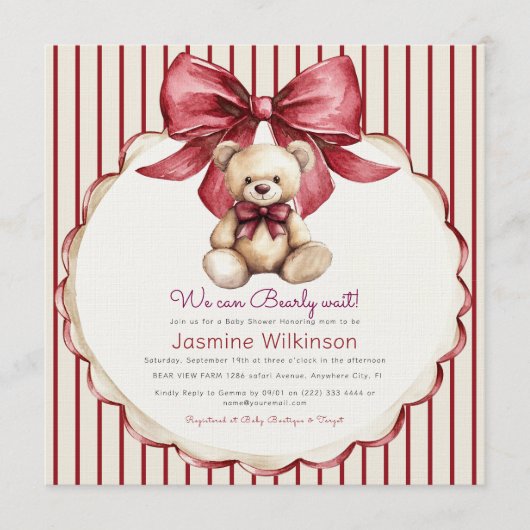 Beary Cute Teddy Bear Bow Baby Shower 招待状 (正面)