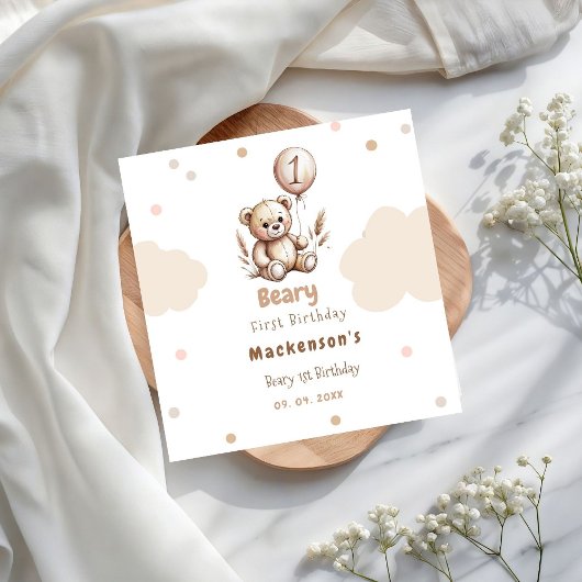 Beary First Balloon Boy 1st Birthday Teddy Bear スタンダードカクテルナプキン