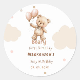 Beary First Balloon Boy 1st Birthday Teddy Bear ラウンドシール