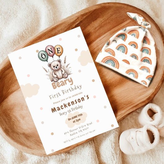 Beary First Balloon Boy 1st Birthday Teddy Bear 招待状