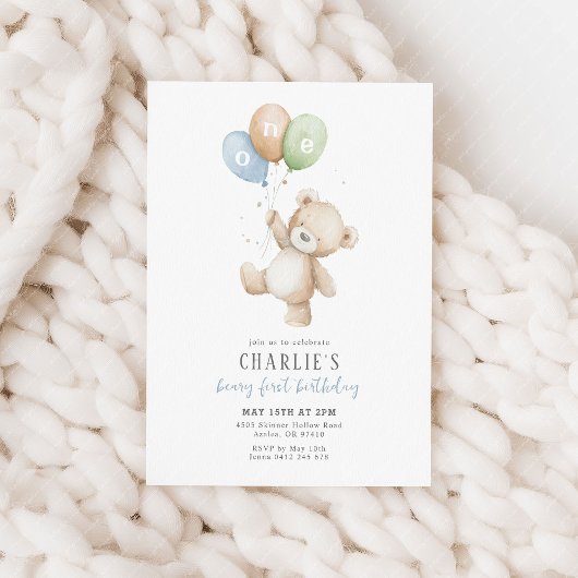 Beary First Balloon Boy 1st Birthday Teddy Bear 招待状