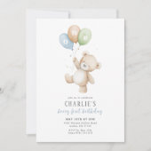 Beary First Balloon Boy 1st Birthday Teddy Bear 招待状 (正面)