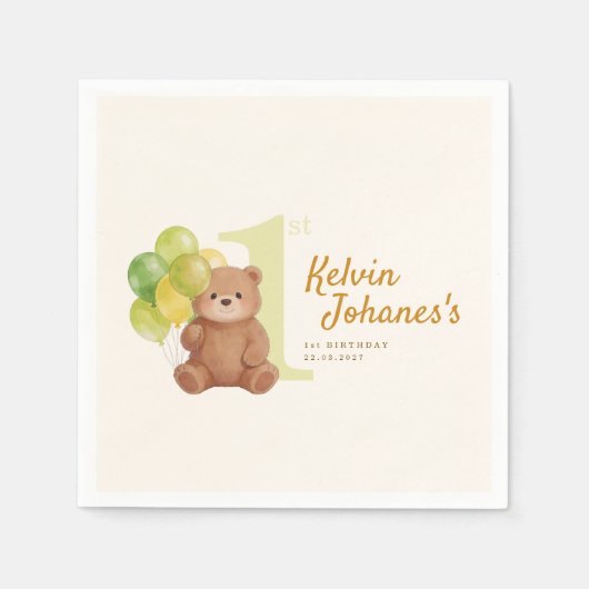 Beary First Birthday スタンダードカクテルナプキン (正面)