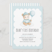 Beary First Birthday Blue Teddy Bear  招待状 (正面/裏面)