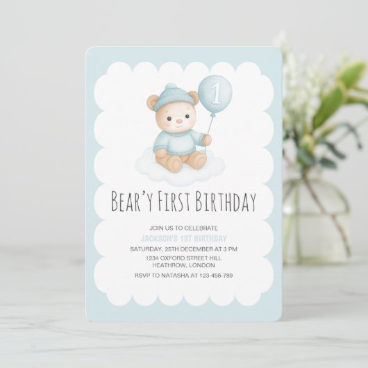 Beary First Birthday Blue Teddy Bear  招待状 (スタンド正面)