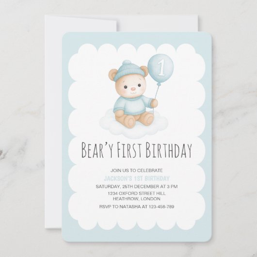 Beary First Birthday Blue Teddy Bear  招待状 (正面)