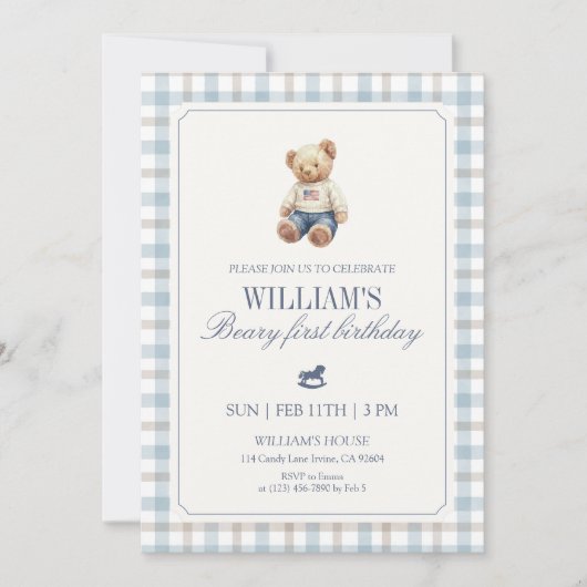 Beary First Birthday Boy Teddy Bear Gingham 招待状 (正面)