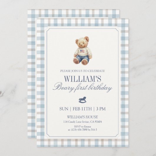 Beary First Birthday Boy Teddy Bear Gingham 招待状 (正面/裏面)