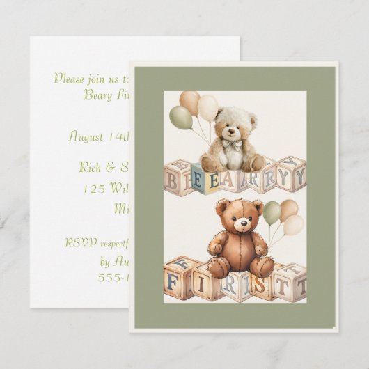 Beary First Birthday DIGITAL DOWNLOAD Invite 招待状 (正面/裏面)