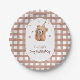 Beary First Birthday Gingham ペーパープレート