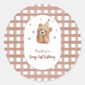 Beary First Birthday Gingham ラウンドシール (正面)