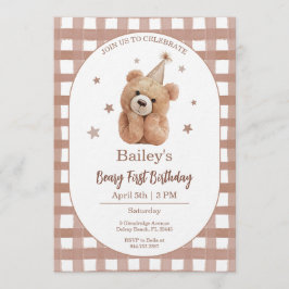 Beary First Birthday Gingham 招待状