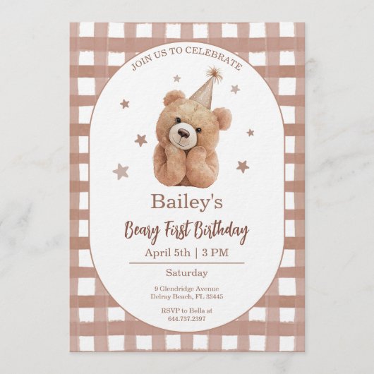 Beary First Birthday Gingham 招待状 (正面)