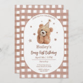 Beary First Birthday Gingham 招待状 (正面/裏面)