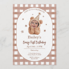 Beary First Birthday Gingham Photo Invitation 招待状