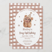Beary First Birthday Gingham Photo Invitation 招待状 (正面/裏面)