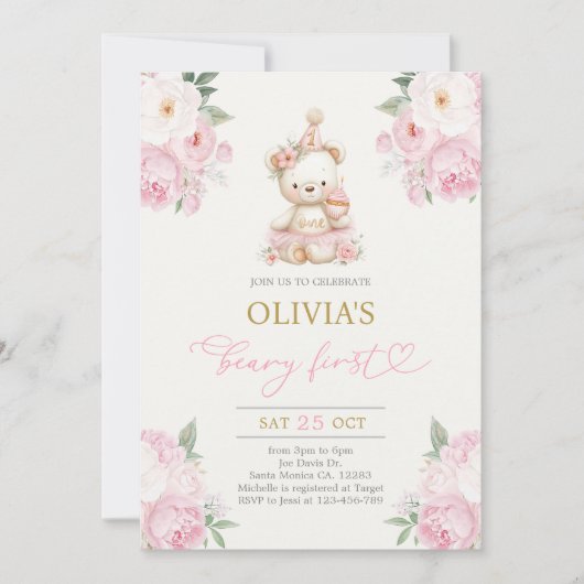 Beary First Birthday Girl 招待状 (正面)
