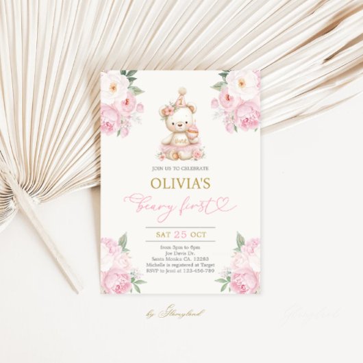 Beary First Birthday Girl 招待状