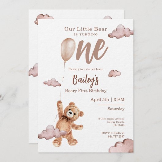 Beary First Birthday Invitation 招待状 (正面/裏面)