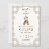 Beary First Birthday Invitation Gingham Editable 招待状 (正面)
