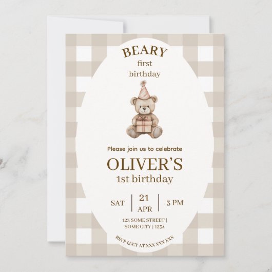 Beary First Birthday Invitation Gingham Editable 招待状 (正面)