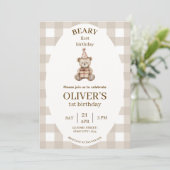 Beary First Birthday Invitation Gingham Editable 招待状 (スタンド正面)