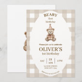 Beary First Birthday Invitation Gingham Editable 招待状 (正面/裏面)